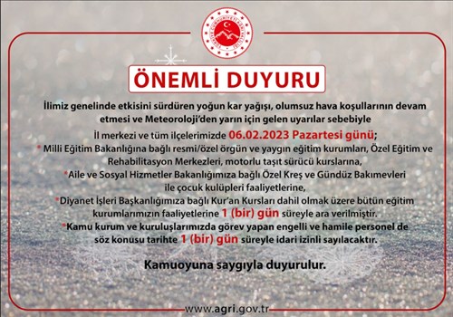 İlimizde 06.02.2023 Pazartesi Günü Eğitime 1 Gün Süreyle Ara Verildi.