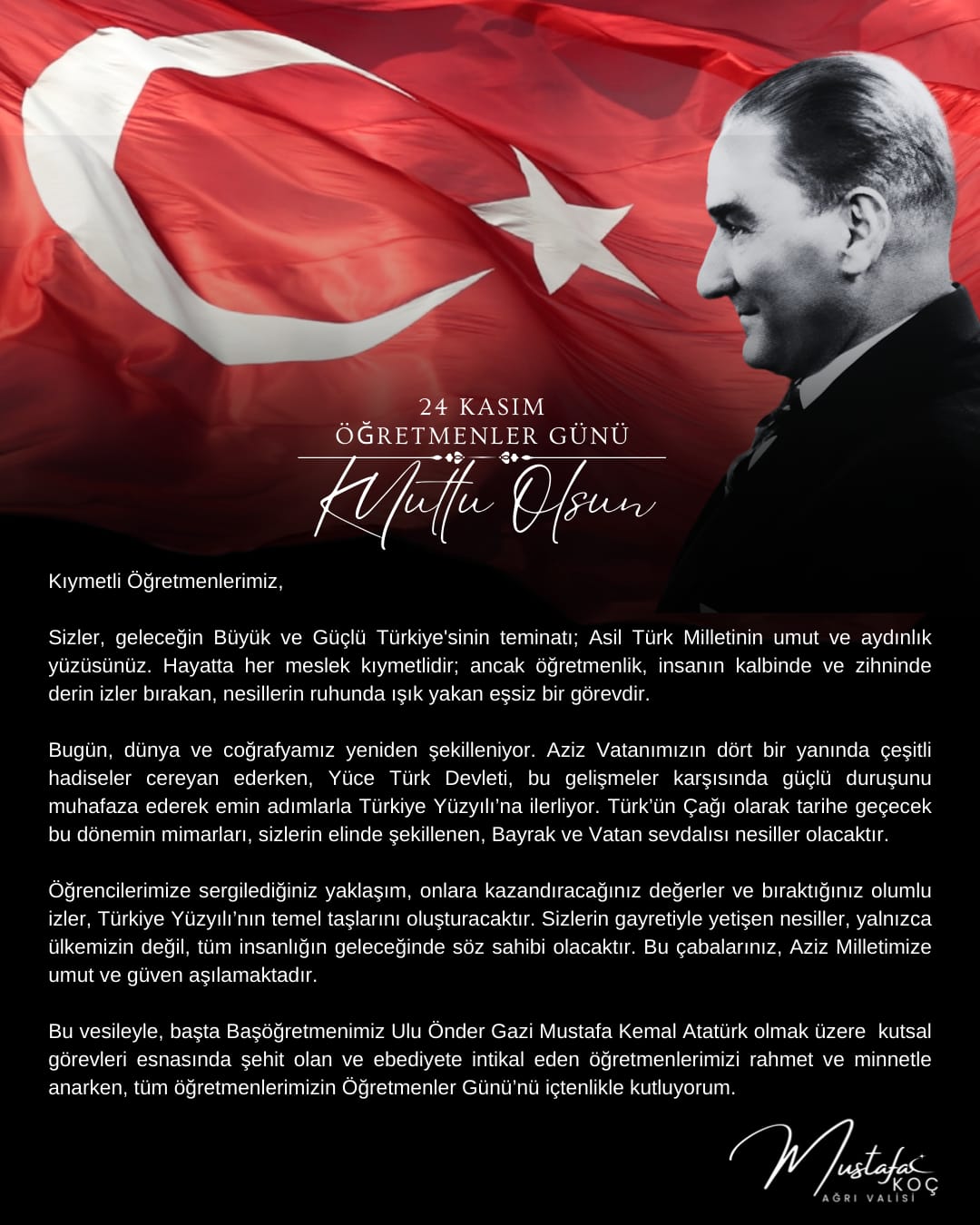 Valimiz Sayın Mustafa KOÇ'un, 24 Kasım Öğretmenler Günü Kutlama Mesajı